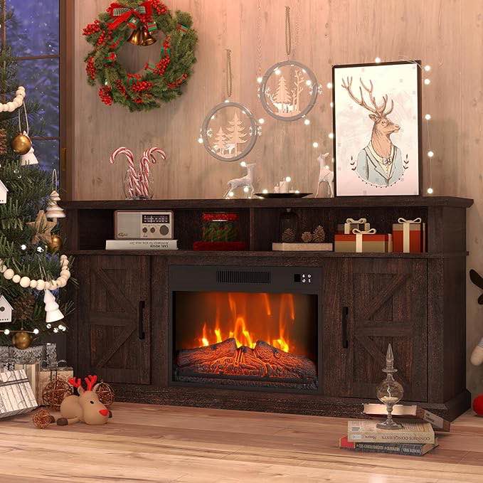 ( similar) Fireplace TV Stand for TVs Up to 65" with 23" Electric Fireplace, Entertainment Center with Storage Cabinet and Open Shelves, Media Console with Barn Doors for Living Room (Espresso)