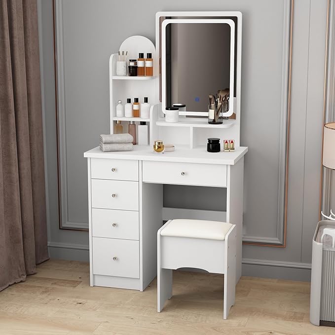 ( similar ) Hitow Escritorio de tocador de maquillaje con espejo iluminado, tocador de 31.5 pulgadas de ancho con 5 cajones y estantes de almacenamiento, escritorio de tocador con espejo de iluminación de 3