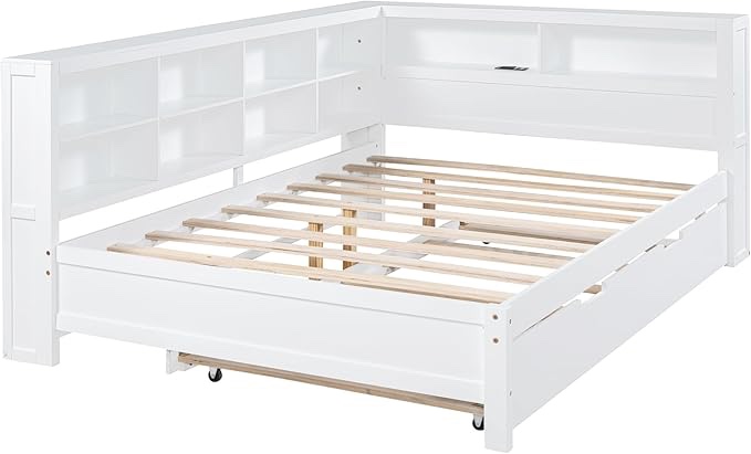 Linique Full Size Daybed with Twin Trundle, Wooden Daybed Frame with Storage Shelf and USB Charging Ports, White