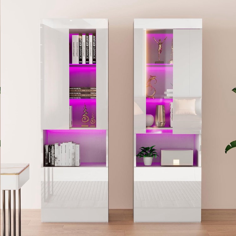(incomplete box 1 of 2)(similar)White Hunziker 71'' H x 23.6'' W Modern Wood High Gloss LED Standard Bookcase Storage Cabinet (Set of 2)