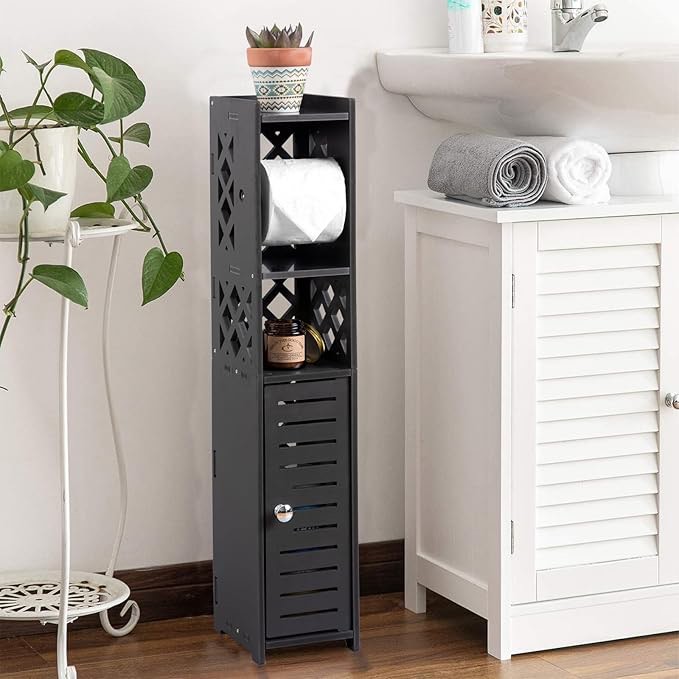 Toilet Paper Storage Cabinet,Toilet Paper Holder Stand,Bathroom Storage Cabinet with Roller,Slim Storage Cabinet for Small Space,Black by H HUIYKALY