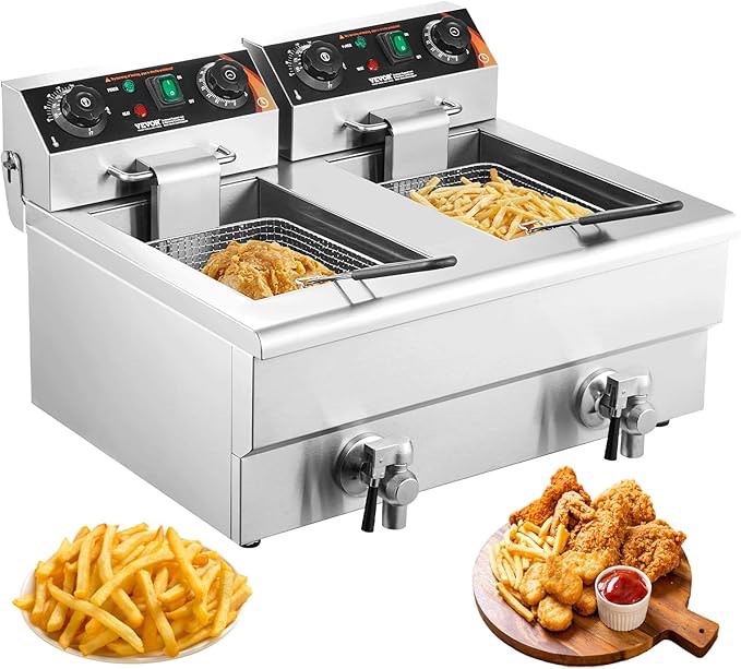 (similar)VEVOR Commercial Deep Fryer, Dual Tank 3000W Electric Countertop Fryer with Basket, 2 x 11.6Qt/11L Double Stainless Steel Oil Fryer with Oil Filtration, Time & Temp Control, for Kitchen Restaurant