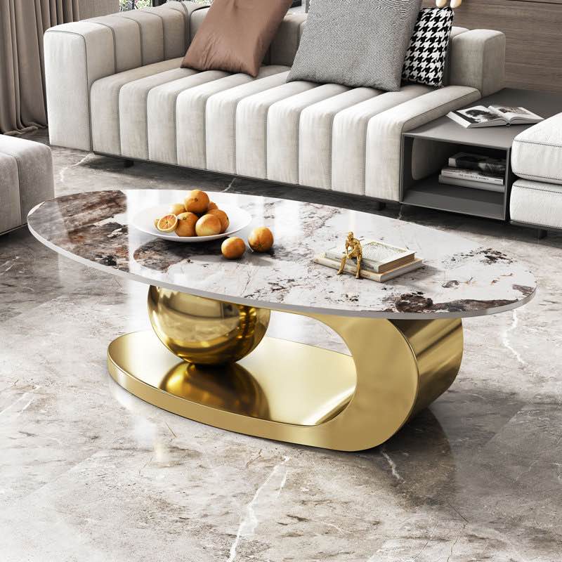 (incomplete only table top) Garian Contemporary Golden Pedestal Marble Coffee Table With Oversized Sphere Support For Living Room