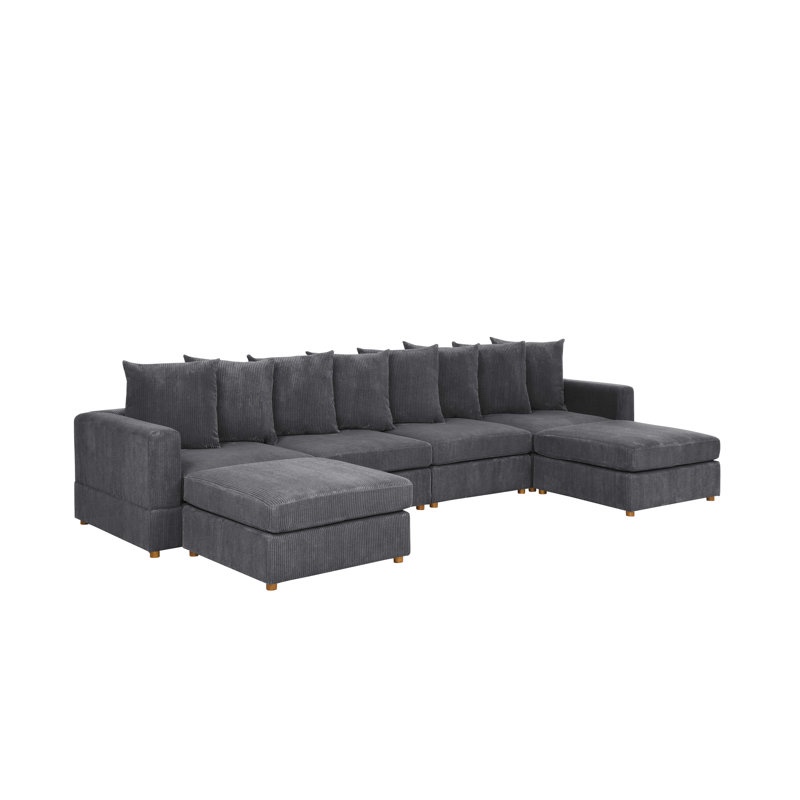 (incomplete only ottoman)Bensinger 6-Pieces Modular Sectional Leg Color: Brown Wood, Body Fabric: Light Gray Corduroy