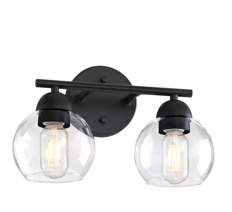 13 in. 2-Light Black Bathroom Vanity Light With Clear Glass Shade