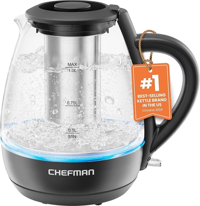 Chefman Electric Kettle with Tea Infuser, 1.7L 1500W, Removable Lid for Easy Cleaning, Boil-Dry Protection, Stainless Steel Filter, BPA Free, Auto Shut Off Hot Water Boiler, Glass Electric Tea Kettle