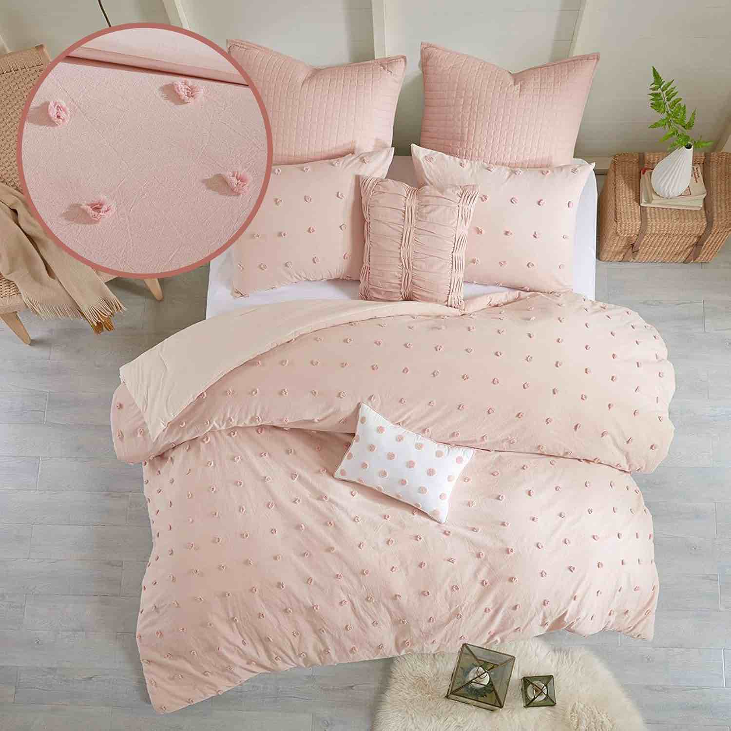 Urban Habitat Cotton Comforter Set Pink Jacquard Tufts Pom Pom Shabby Chic Boho Comforter Set Queen All Season Bedding Winter Beddys, Matching Shams, Decorative Pillows, Full (88 in x 92 in), 7 Piece Pink Full/Queen (88 in x 92 in)
