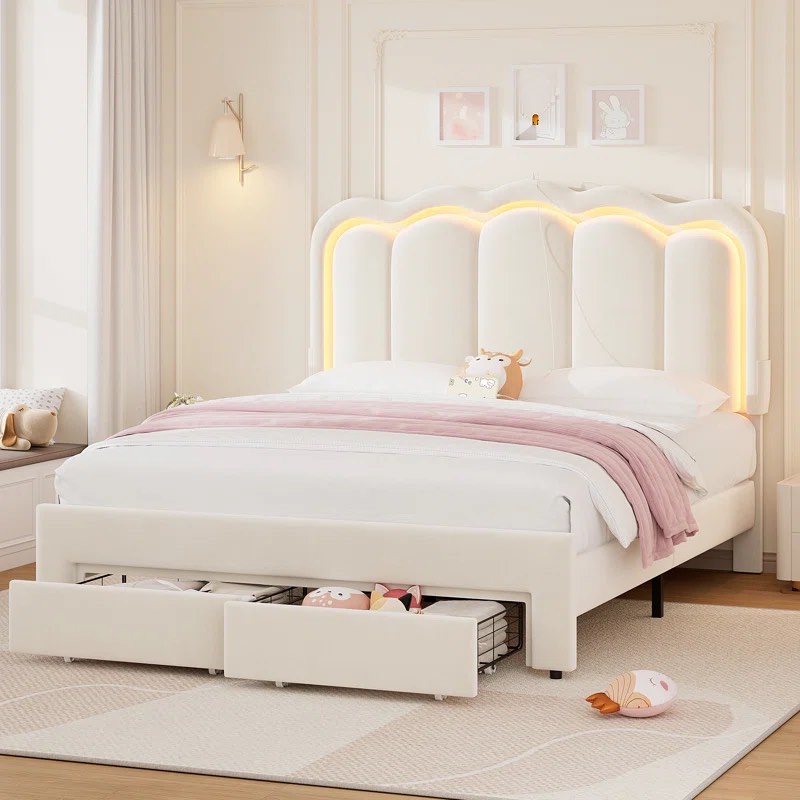 Daphne Upholstered LED Bed Frame With Drawer & Adjustable Headboard, Kids Beds