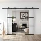 Metal and Glass Sliding Double Barn Door with Installation Hardware Kit (Soft-close Included)