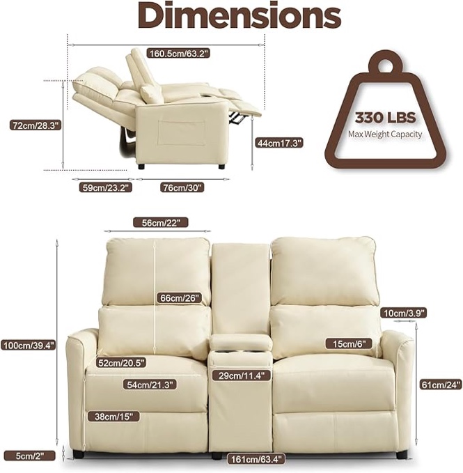63" RV Loveseat Recliner Sofa, Double Recliner Couch with 2 Cup Holders and Storage Console, Wall Hugger Recliner, Manual Reclining Home Theater Seating (Faux Leather, Beige