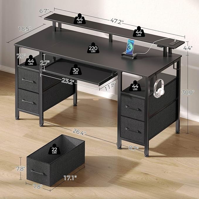 Seventable Computer Desk 47.2" with LED Lights & Power Outlets, Home Office Desk with 4 Drawers, Writing Desk with Keyboard Tray, Study Desk with Monitor Stand, Work Desk for Home Office, Black