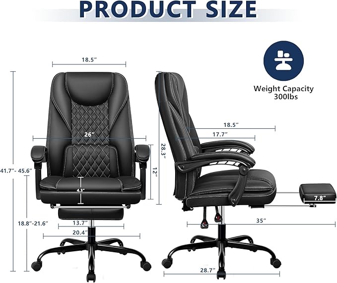 Executive Office Chair, Reclining Leather Office Chair with Foot Rest, Big and Tall High Back Office Chair, Ergonomic Home Office Desk Chair Lumbar Support Computer Chair(White)