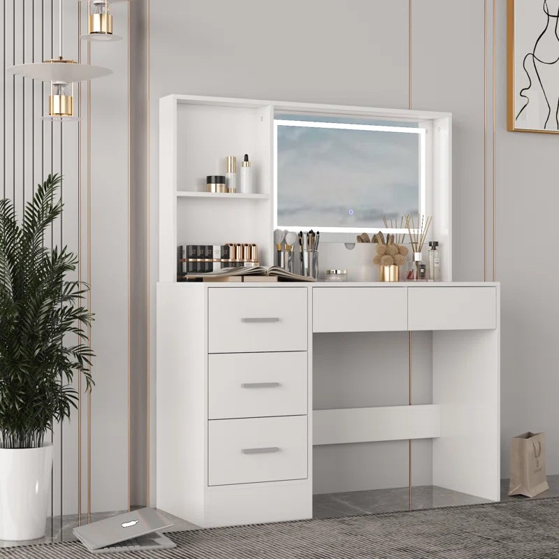 52.9"H Makeup Vanity With Adjustable LED Mirror 5 Drawer