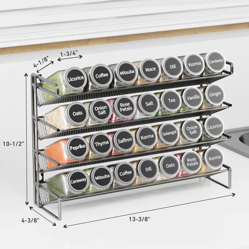 Spice Rack Organizer with 28 Spice Jars - Includes 386 Spice Labels, Chalk Marker, and Funnel Set for Cabinet, Countertop, Pantry, Cupboard, or Door & Wall Mount, 13.4" W × 10.8" H, Black