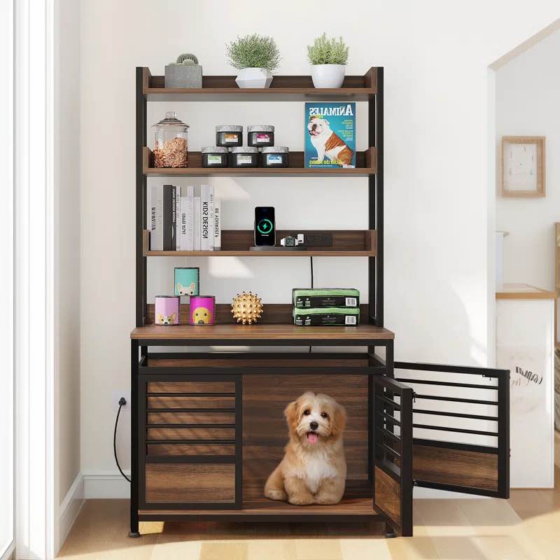 Furniture Dog Crate for Large Dogs, 39" Dog Kennel Furniture Side Table with Storage Shelf, Three Doors, Blackboard & Non-Slip Foot Pads, Dog Crate Furniture, White