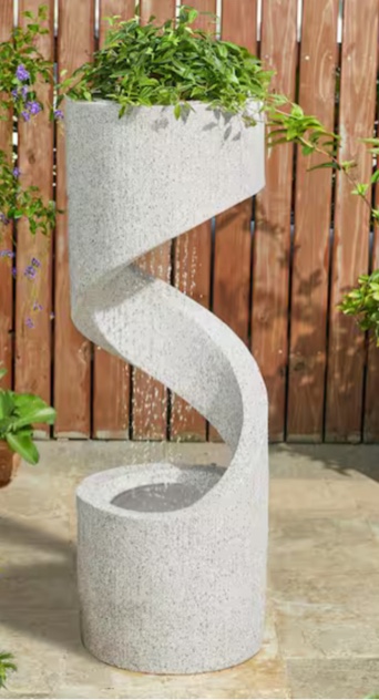 40.25 in. H Mid Century Modern Oversized Faux Terrazzo Spiral Shaped Polyresin Outdoor Fountain with Pump and LED Light