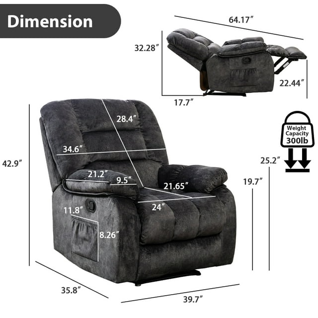 Bonzy Home Design Overstuffed Massage Recliner Chairs with Heat and Vibration, Soft Fabric Single Manual Reclining Chair for Living Room Bedroom,Gray