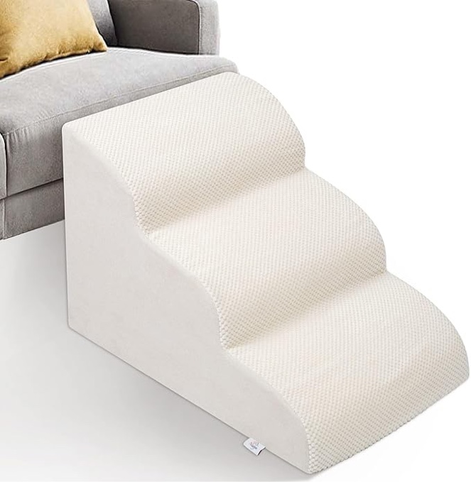 Dog Stairs for Small Dogs - High Density Foam Dog Ramp, Extra Wide Pet Steps with Non-Slip Bottom for High Beds, Couche and Sofa, Best for Dogs Injured, Older Dogs Cats (White, 3 Steps