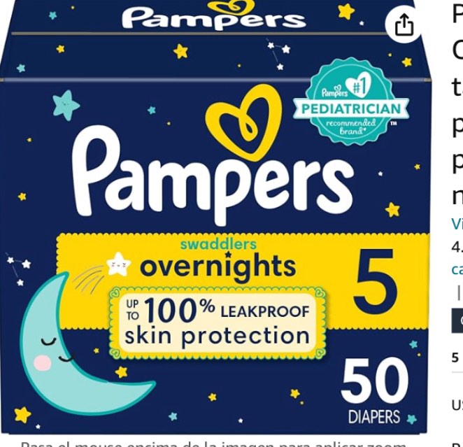 Pampers Swaddlers Overnights Diapers - Size 5, 50 Count, Disposable Baby Diapers, Night Time Skin Protection