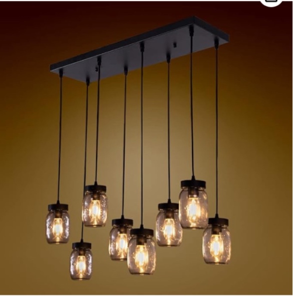 Wellmet Candelabro de tarro Mason de 8 luces para comedor, rústico de granja lineal para sala de estar, iluminación de isla de cocina, acabado negro mate con pantallas de vidrio