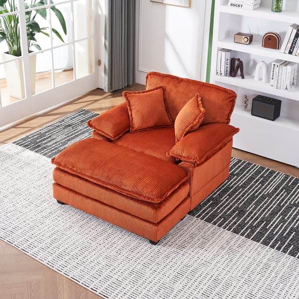Incomplete, only 1 box- Deep Seat Accent Chair & Ottoman, Reclining Sofa Chair, Orange Corduroy Upholstered Chaise Lounge with 2 Toss Pillows
