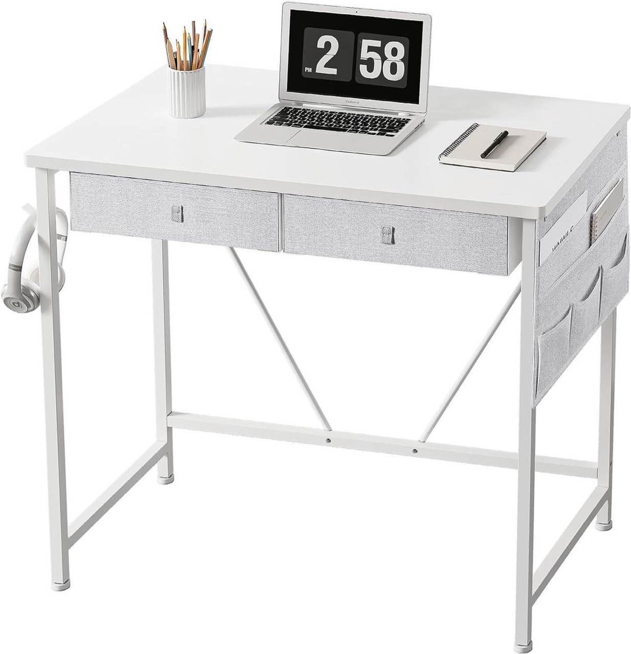 Small Desk with Drawers, 31.5 inch Small Computer Desk with Drawers, Writing Desk with Drawers for Small Spaces, Compact Desk for Small Spaces, Metal Frame for PC Laptop, White