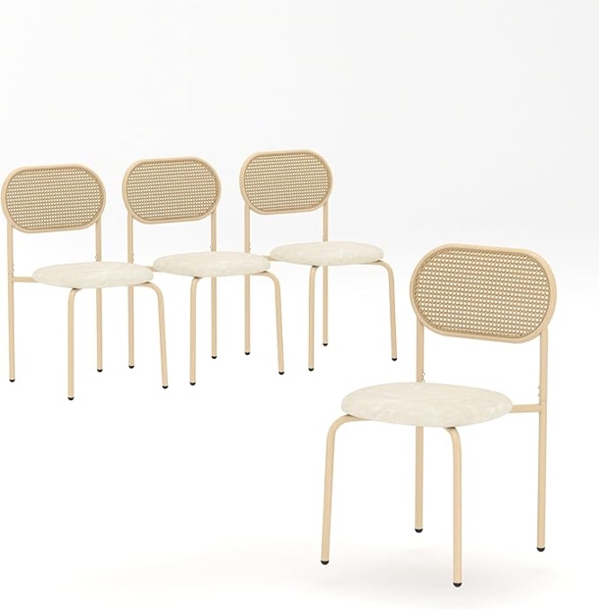 Rattan Dining Chairs Set of 4, Modern Rattan Back Chairs with Metal Legs, Mid Century Side Chairs, for Dining Room Kitchen Living Room, Woodgrain & Beige(incomplete)