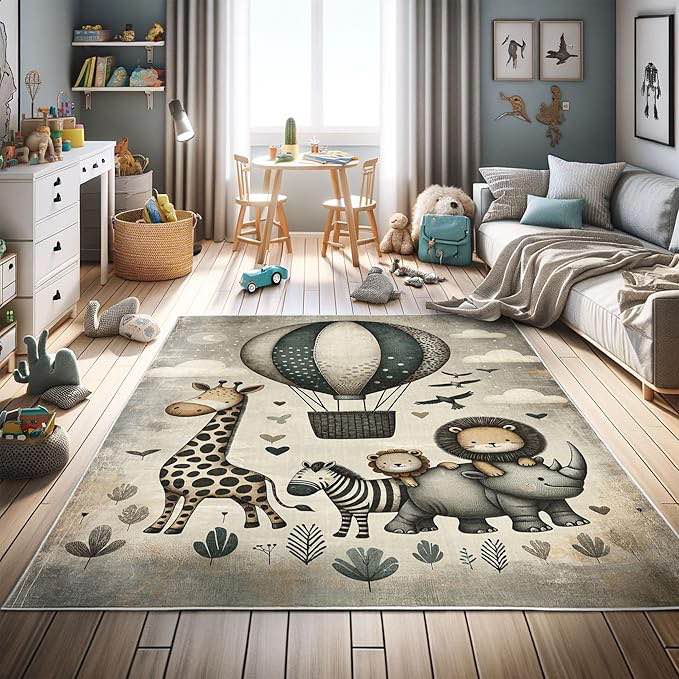 Ambesonne Animals Decorative Rug, Nostalgia Feels Happy Tale of Animal Friends Giraffe Zebra Lion with Birds, Quality Carpet for Bedroom Dorm and Living Room, Dusk Dark Teal Ecru