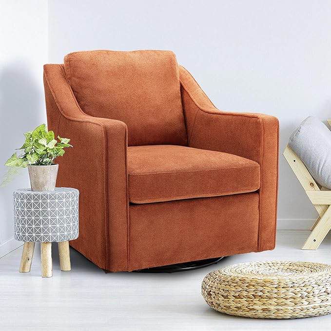 COLAMY Upholstered 360° Swivel Accent Chair with Track Arms, Thick Padded Arm Chair with Solid Metal Base, Comfortable Mid-Century Sofa Chair Modern Reading Chair for Living Room and Bedroom, Orange