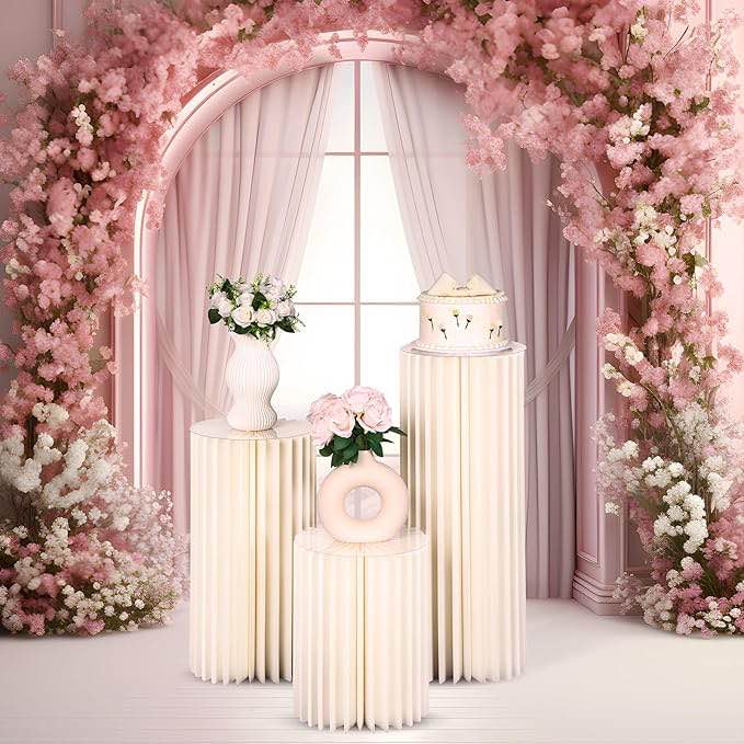 Foldable Paper Column Display Bases, Cylinder Pedestal Holders for Wedding Anniversary Party Table Decoration set of 3