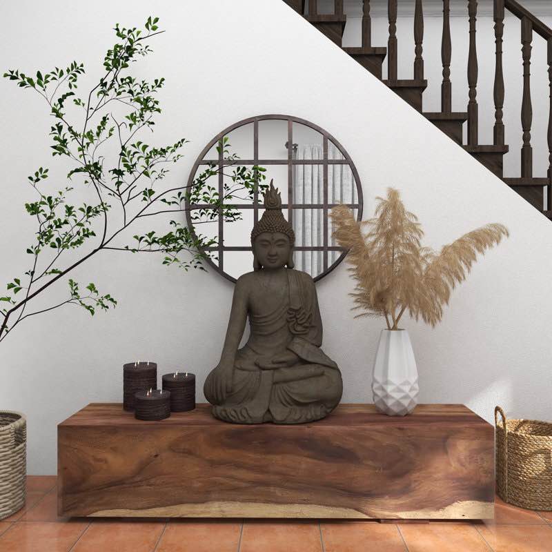 Polystone Meditating Buddha Decorative Sculpture with Engraved Carvings and Relief Detailing