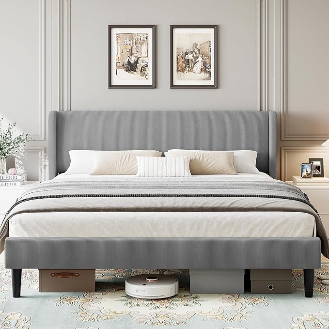 Velvet Tufted Upholstered Wingback Platform BedFrame with  INCOMPLETE 