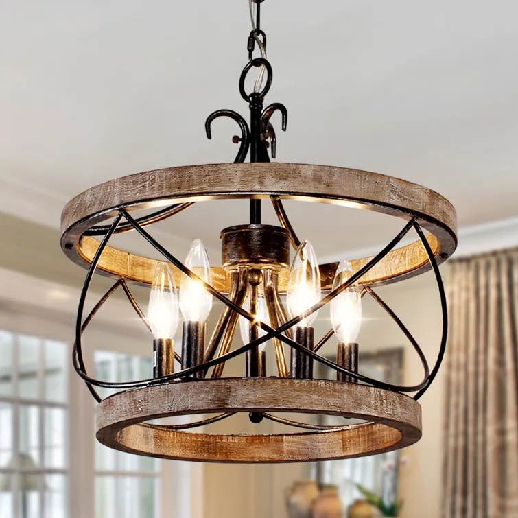 Reback 5 - Light Drum Solid Wood Chandelier with metal Accents INCOMPLETE 