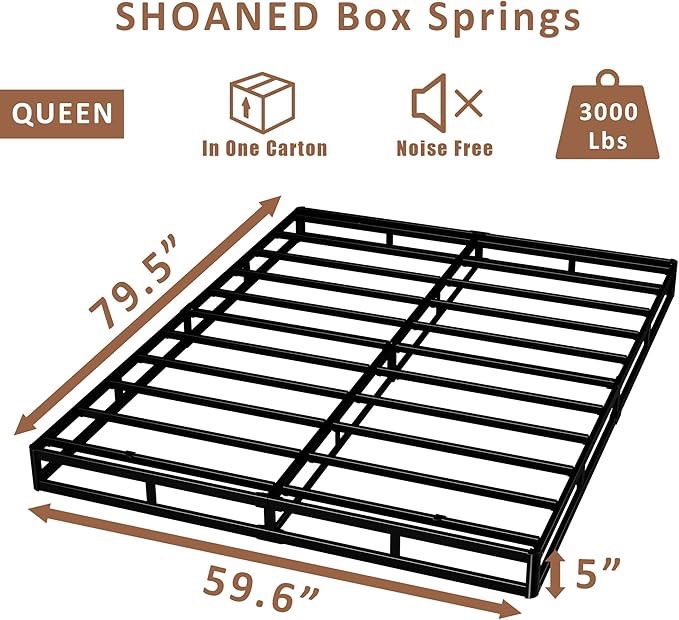 Queen Size Box Springs - 5 Inch Low Profile Mattress Foundation No Noise Heavy Duty Metal Basics Bed Base with Clean Fabric Cover, Easy Assembly