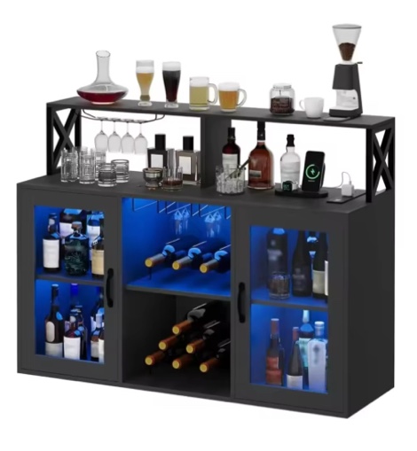 Bar Cabinet with LED Light, Liquor Cabinet with Power Outlets & Glass Holder, Wine Cabinet with Storage, Liquor Bar Cabinet