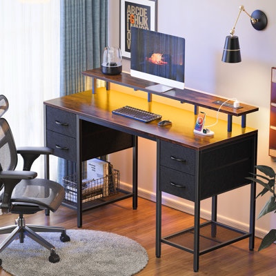 Neesha Desk with LED Lights, Computer Desk with Storage, Corner Desk with Drawers, Home Office Desk with Shelves, Writing Desk with 4 File Drawers, Gaming Desk with Power Outlets, Study Desk