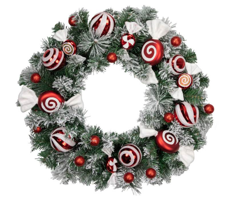Frosted Pine Artificial Christmas Wreath with Swirled Candy Ornaments 24-Inch