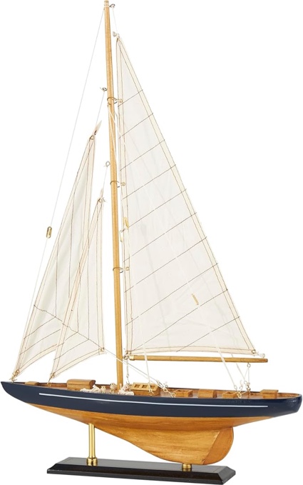 Wood Sail Boat Decorative Sculpture with Beige and Navy Accents and Lifelike Rigging
