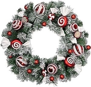Frosted Pine Artificial Christmas Wreath with Swirled Candy Ornaments 24-Inch
