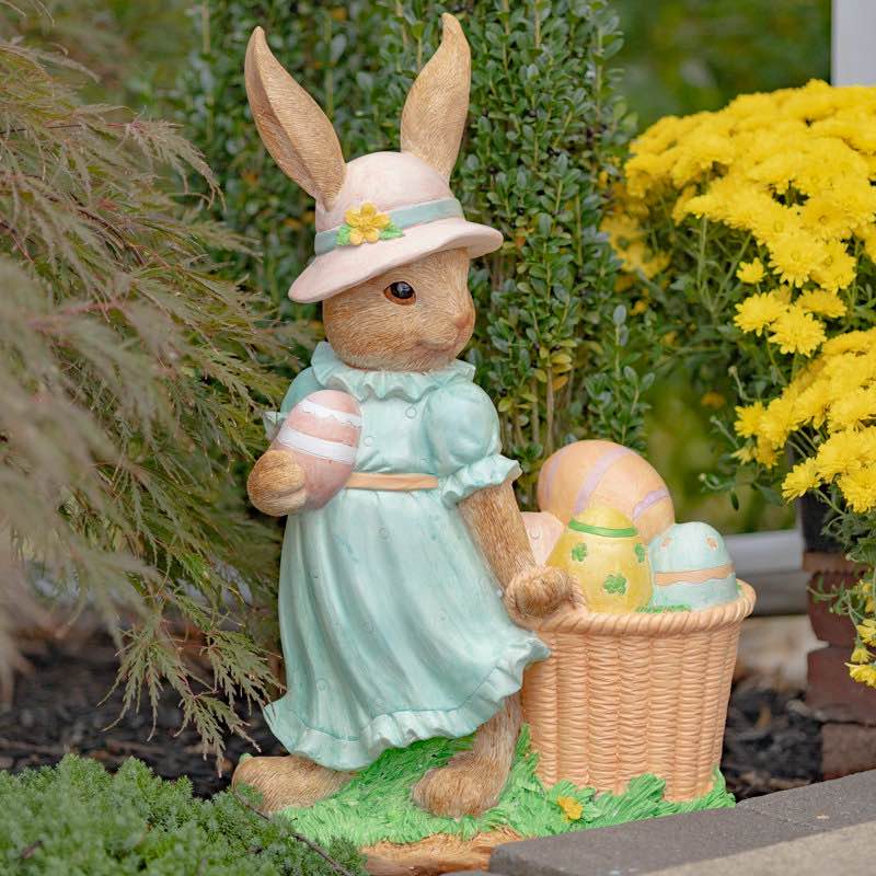 24" Tall Magnesium Rabbit Garden Statue with Easter Basket and Sun Hat  "Anna Mae"