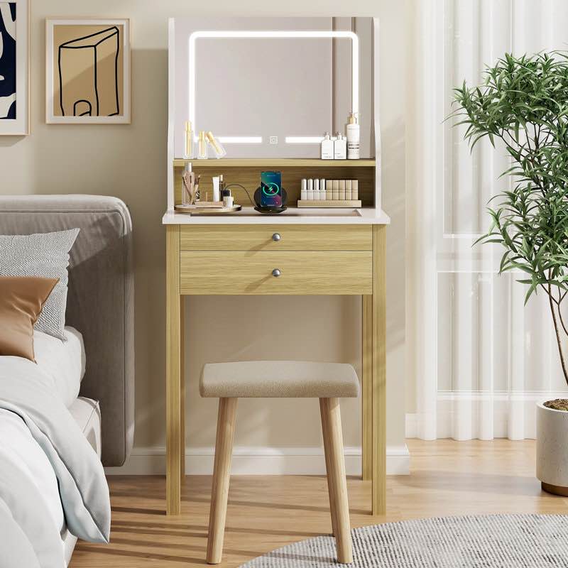 24" Makeup Vanity Desk With Mirror And Lights,Makeup Vanity Table Set With 2 Drawers, Stool Included, Bedroom, Brown