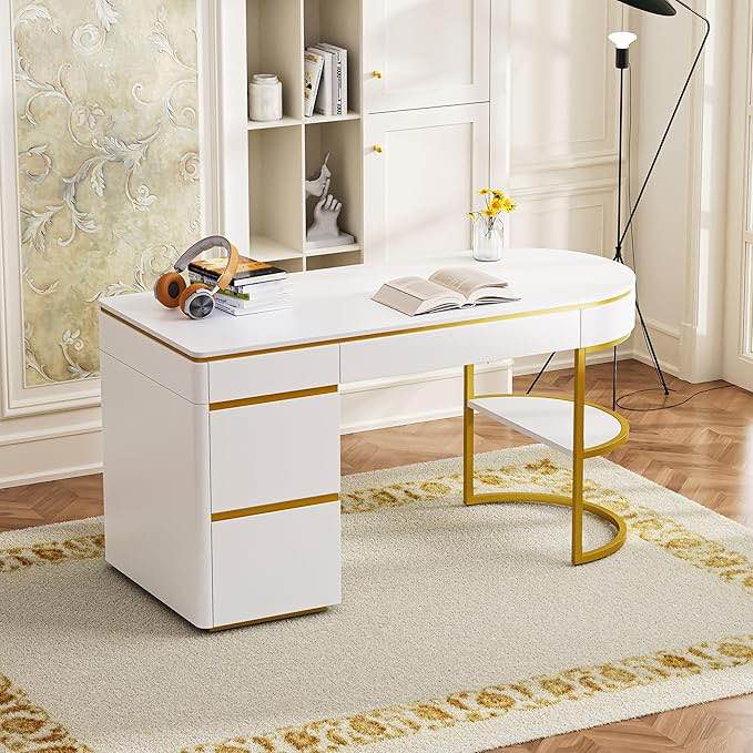 60''Modern Executive Desk,White Curved Computer Desk With Gold Metal Legs,3-Drawers Home Office Desk,Writing Desk With 1 Storage Cabinet For Home Office,Living Room,Gold+White