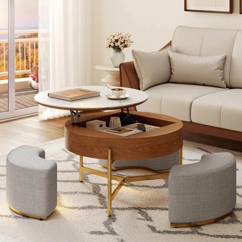 Bulverde Lift Top Extendable Frame Coffee Table with Storage 3 Stools, Stainless Steel Legs