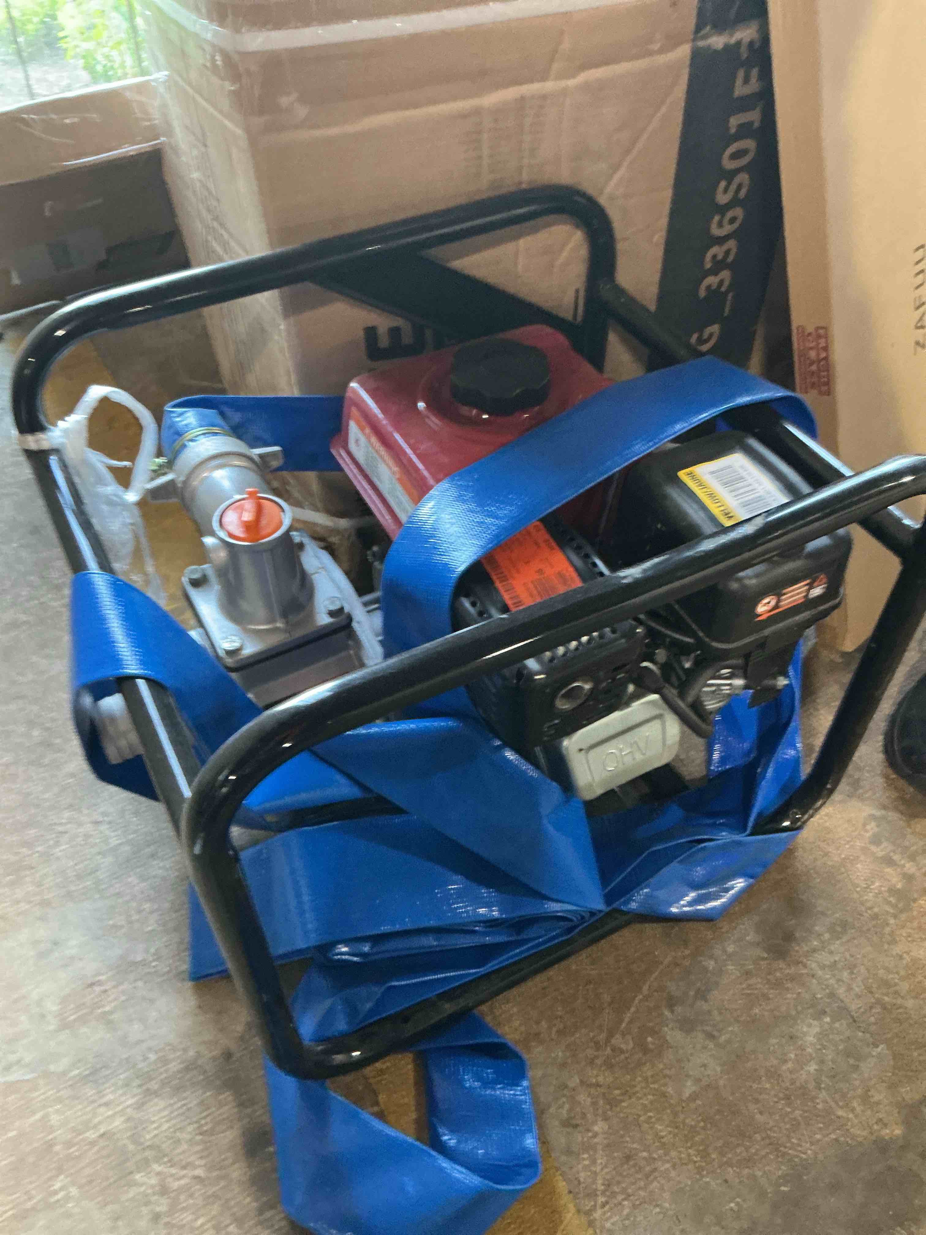 Condition photo showing As Is for vevor gas powered water pump, 2 in, 132 gpm 6.5hp semi trash water transfer pump portable, gasoline engine with 25 ft discharge hose, heavy duty frame, cast iron impeller, for irrigation, ponds, pools