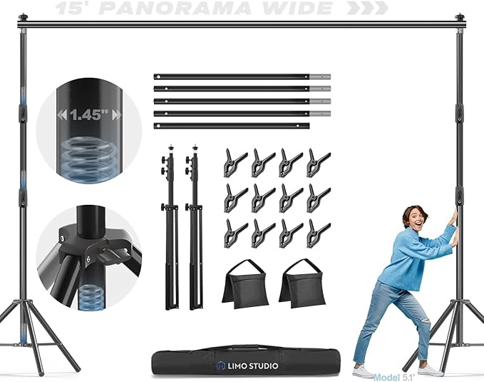 LimoStudio [Super Heavy Duty] 15 x 10.4 ft. (W x H) Upgraded Backdrop Stands, Panorama Wide Extra Large, Thicker Pole & Bar, Super Strong No Shaking, Shock-Proof Spring Tripod, Outdoor Event, AGG3316
