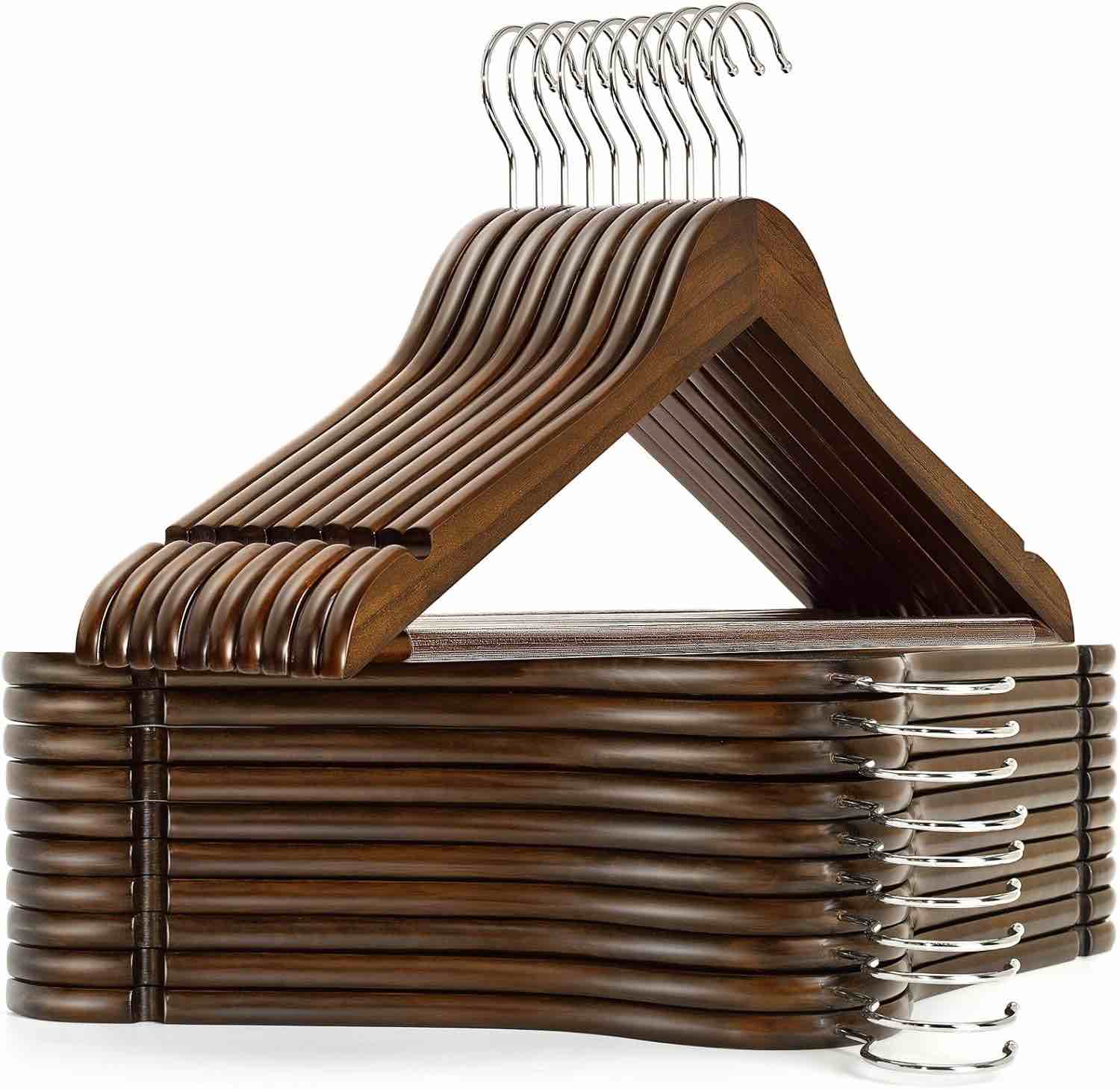 Zober Wooden Hangers 30 Pack - Non Slip Wood Clothes Hanger for Suits, Pants, Jackets w/Bar & Cut Notches - Heavy Duty Clothing Hanger Set - Coat Hangers for Closet - Vintage