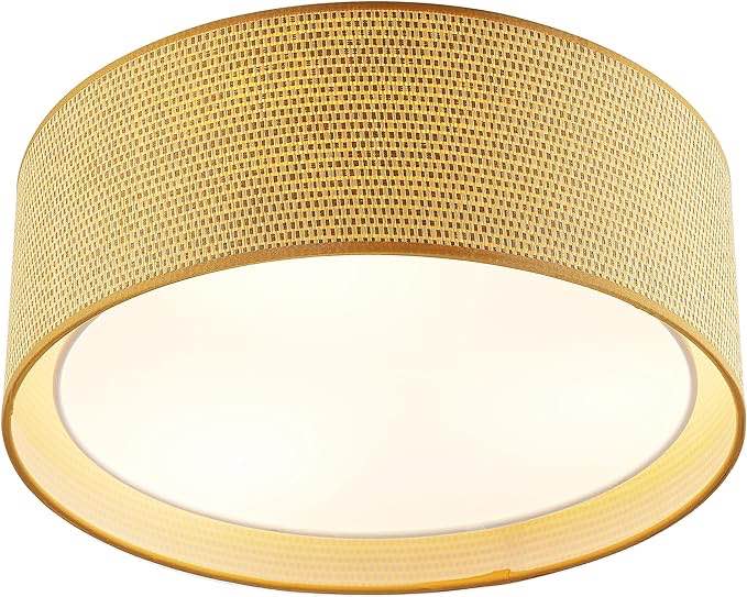 WINGBO 15.7" Modern 3-Light Flush Mount Ceiling Light Fixture with Fabric & Acrylic Double Drum Shade for Bedroom Living Room Dining Room Hallway Entryway, Flaxen