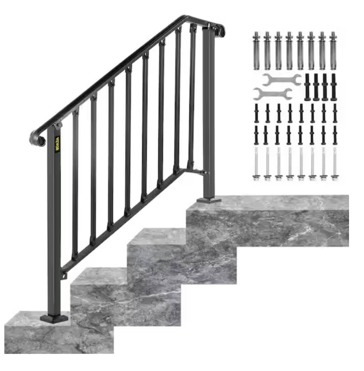 VEVOR 3 ft. Handrails for Outdoor Steps Fit 3 or 4 Steps Outdoor Stair Railing Wrought Iron Handrail with baluster, Black