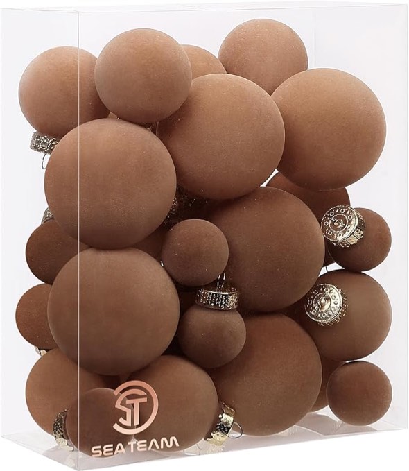 Sea Team 32-Pack Flocked Velvet Christmas Tree Ball Ornaments Set, Decorative Hanging Baubles, Shatterproof Plastic Decorations for Xmas Tree, Wreath, Garland, Multi-Sized, Brown  Multisized/32-Pack Brown