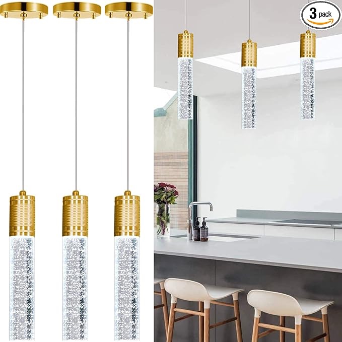 et of 4 Pendant Lights for Kitchen Island, White Light, Gold Crystal Linear Pendant Lighting, Bar Corner LED Light Fixtures Glam Drop Light